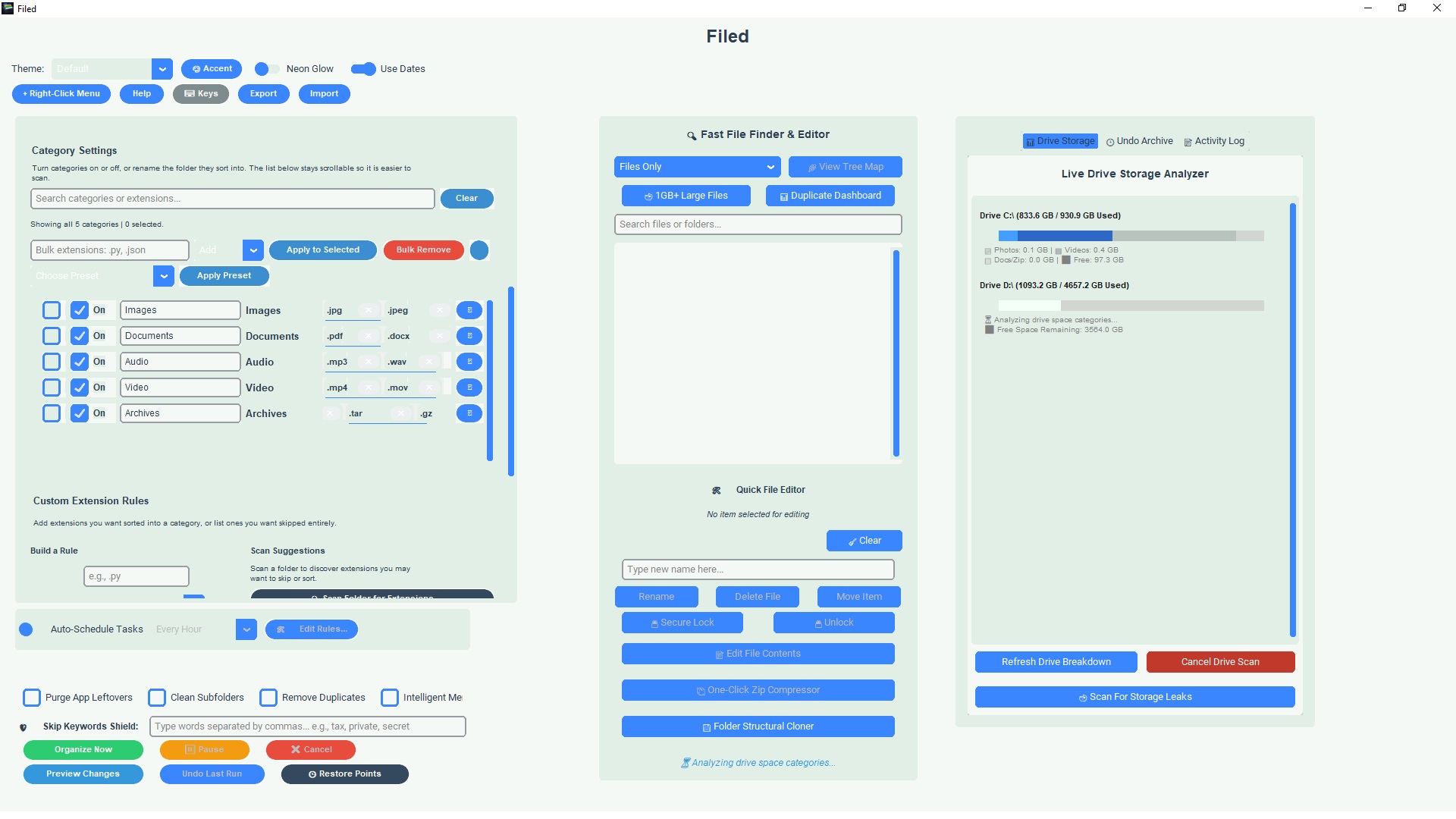 Filed dashboard with category rules and source folder controls.